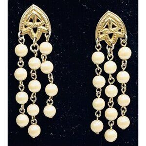 VTG AVON 2.5" Art Deco Style Goldtone & Faux Pearl Stud Dangle EARRINGS No Backs
